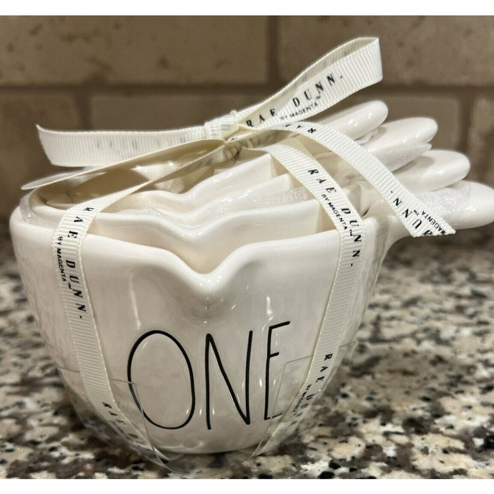 Set Of 4 Rae Dunn Ceramic Measuring Cups Nesting Ivory ONE HALF THIRD QUARTER